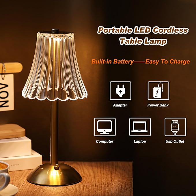 Liliful 30 Pcs LED Portable Cordless Table Lamp Touch Battery Operated Rechargeable Gold Desk Lamp 3 Color Dimmable for Bedroom Living Room Dining (Gold,Rose Style)