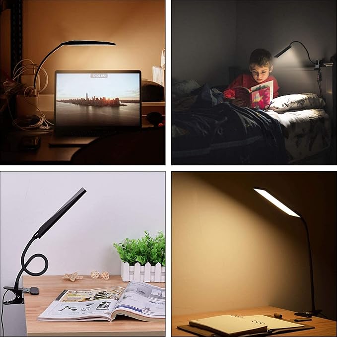 Vansuny Clip on Light LED Desk Lamp with Eye-Caring LED Light and Metal Clip, 11 Level Brightness 3 Color Modes, Power by USB Port 5W Flexible Gooseneck Reading Lamp for Home and Office (5W, Black)