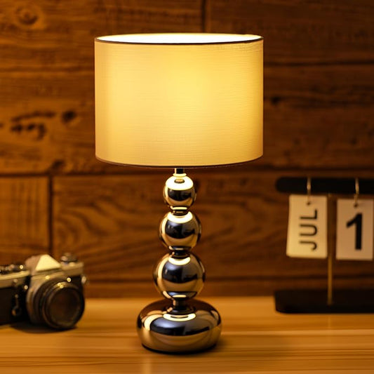Small Modern Bedside Table Lamp, 7 x 7 x 13 Inch Farmhouse Table Lamps, Silver Metal Ball Table Lamp for Living Room Bedrooms and Office (Silver-Grey Fabric Lampshade)