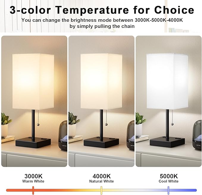 Plus Bedside Table Lamps Set of 2 - White Bedroom Lamps with 3 Colors, Square Nightstand Lamp with USB C + A Charging Ports and 2 AC Outlets, Pull Chain Night Light for End Table