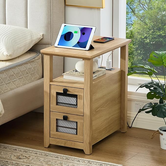 Farmhouse XXL End Table with Charging Station, Narrow Side Table with USB Ports and Outlets, Nightstand with 2 Drawers Storage, Bedside Tables for Living Room, Bedroom, Wooden Color