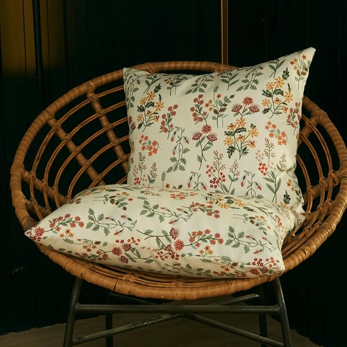 Floral Outdoor Pillows Waterproof for Patio Furniture 18x18 Set of 2 Beige Cream Decorative Pillow Covers for Couch Porch Chair Bench Reversable Country Rustic Farmhouse Pillow Cases Cream