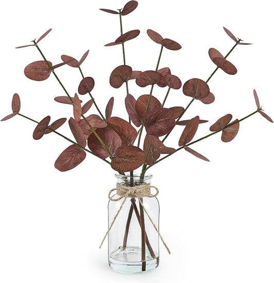 Artificial Eucalyptus Stems in Glass Vase with Faux Water, 14" Fake Plants for Home Decor, Coffee Table Centerpieces, Office, Bathroom & Farmhouse Weddings - Faux Plants Decorations