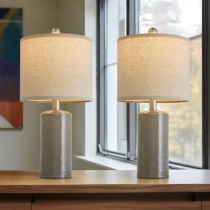 20.25/inch Modern Ceramic Table lamp Set of 2 Small Farmhouse Bedside lamp Dark Grey Nightstand Lamp End Table Lamps for Living Room Bedroom Study Office AMZ-T1109DG0