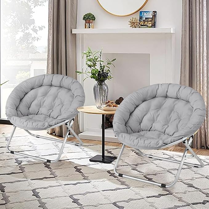 Athena Collection Comfy Saucer Chair Folding Cozy Chair for Bed Room Living Room Accent Chair Fabric Reading Chair Foldable Metal Frame Lazy Chair Moon Chair for Adult, Gray