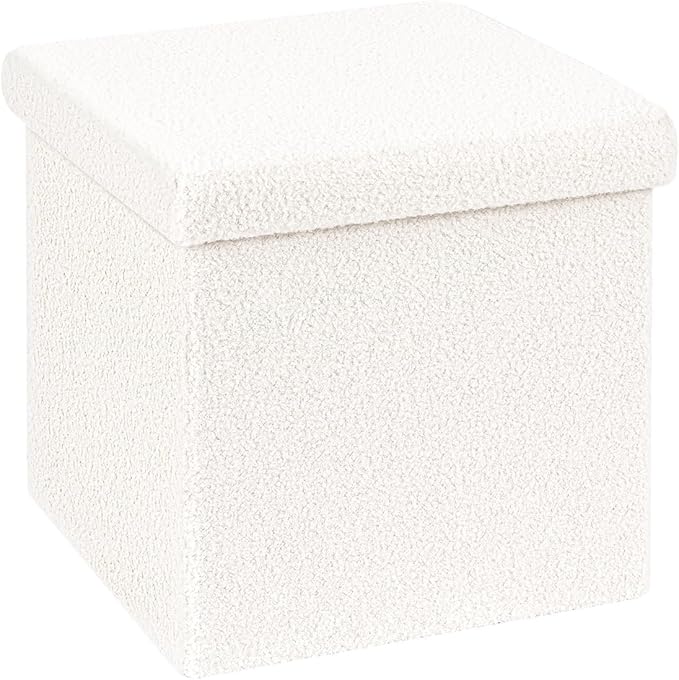 B FSOBEIIALEO Small Storage Ottoman Cube Sherpa Ottomans Foot Rest, Foldable Boucle Ottoman, Faux Teddy Fur, Cream White 12.6"x12.6"x12.6"