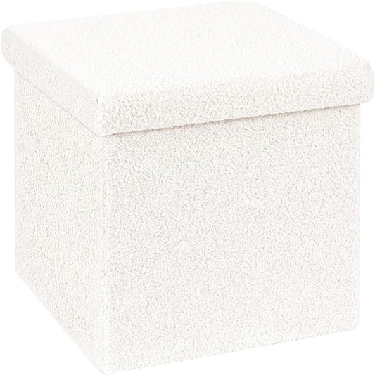 B FSOBEIIALEO Small Storage Ottoman Cube Sherpa Ottomans Foot Rest, Foldable Boucle Ottoman, Faux Teddy Fur, Cream White 12.6"x12.6"x12.6"
