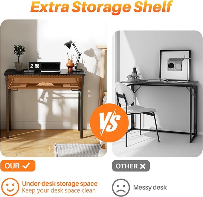 BYMECOST 31.5" Folding Desk, No Assembly Computer Desk, Small Foldable Table with Storage Shelf, Study Table for Small Space, Writing Desk Compact Desk for Home Office (Black, 31.5")