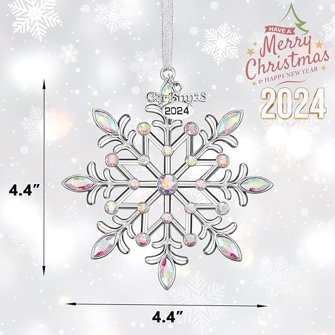 Christmas Snowflake Ornaments 2024 Decor for Christmas Tree Metal Hanging Rhinestones Glitter Crafts Snow Flake Decorations Indoor for Holidays Winter Home Window Room Door-Silver