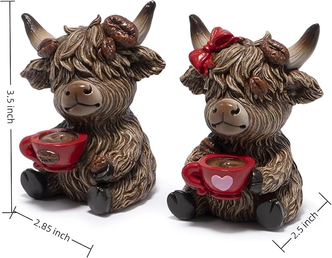 Hodao Christmas Highland Cow Coffee Resin Figurines,Xmas Farmhouse Decor for Tiered Tray, Tabletop, Mantel, Gift for Xmas Home Decoration