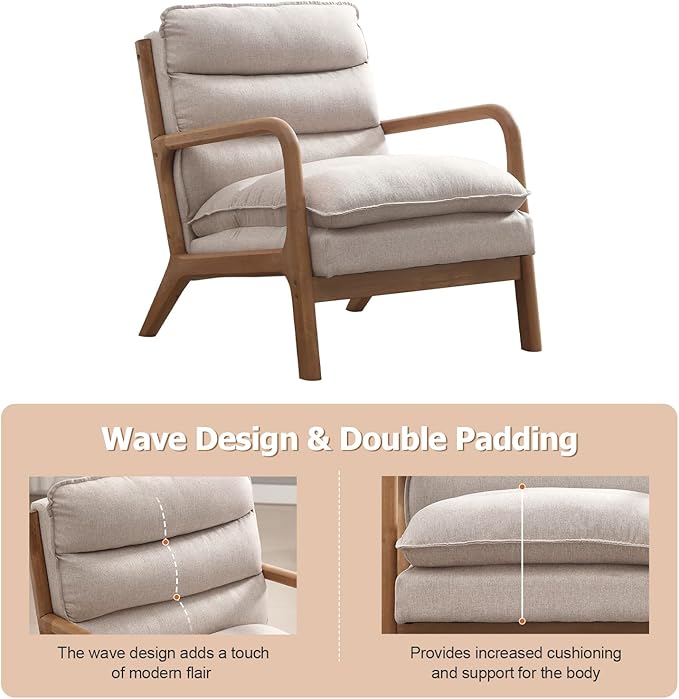INZOY Mid Century Modern Accent Chair with Wood Frame, Upholstered Reading Armchair with Waist Cushion, Double Padded Accent Chair, Side Chair for Living Room Bedroom Office, Easy Assembly, Beige