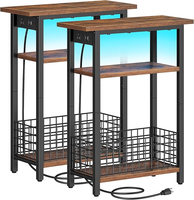 HOOBRO Narrow Side Table with Charging Station and LED Light, Set of 2, Small End Table with Storage, Skinny Nightstand Slim Bedside Table for Small Spaces, Living Room, Rustic Brown BF242UDBZP201