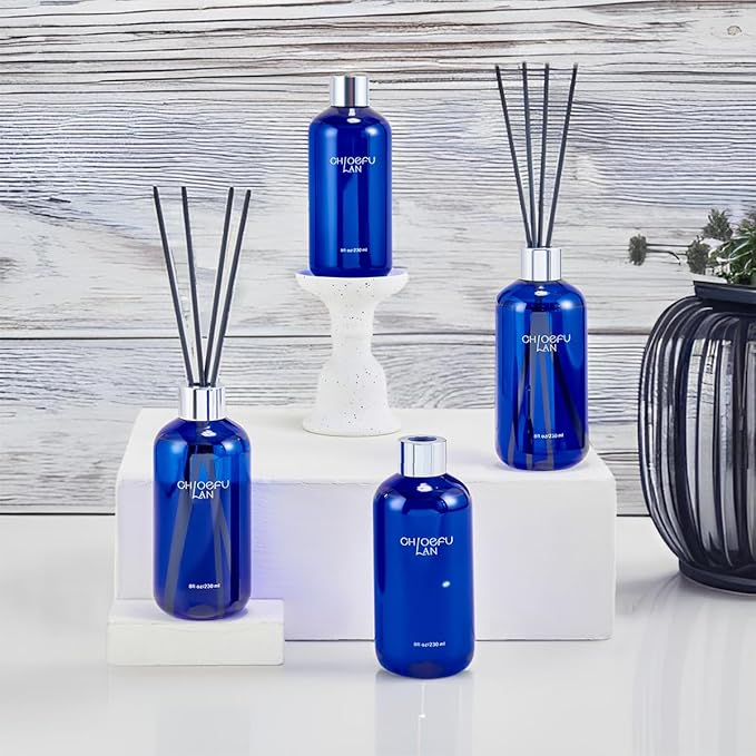 Chloefu Lan Jasmine Reéd Diffuser,8.1 oz Natural Essential Scented Oil with Diffuser Sticks,Blue Jar, Home & Office Decor Aromatherapy Diffuser Oil Gift Set