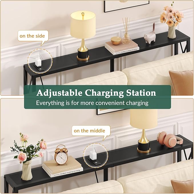 55.1" Narrow Sofa Table, Console Table with Oulets & USB Ports, Entryway Table, Industrial Couch Table for Hallway, Living Room, Bedroom, 6.5 Feet Power Cord,Black