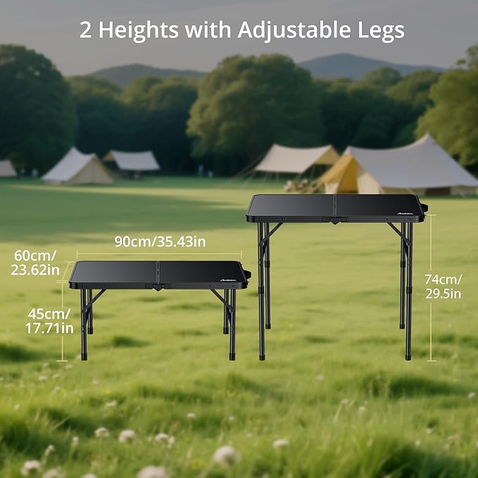 Anbte Folding Camping Table, 36" x 24" Portable Table Adjustable Height Max 28 inch Aluminum Folding Table with Storage Net, Lightweight, Portable Handle for Travel, Outdoor, Backyard (Black)