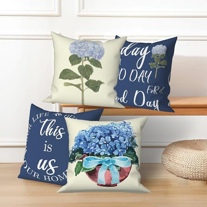 Blue Flowers Throw Pillow Covers 24"x24" Set of 4, Spring Outdoor Pillow Covers Home Decorative Floral Printed Cushion Covers for Couch Sofa Bedroom Farmhouse Livingroom Garden Patio Car