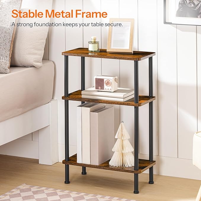 HOOBRO Narrow Side Table, 3-Tier Slim End Table No Tools Needed, Twist-On Assembly, Skinny Nightstand Sofa Storage Shelf for Living Room, Bedroom, Study, Rustic Brown and Black BF246BZ01N1
