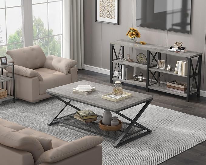 LVB Gray Coffee Table with Storage, Farmhouse Metal Wood 2 Tier Center Table for Living Room, Industrial Wooden Rectangular Concrete Tables with Mesh Shelf for Office Bedroom, 39 inch, Light Grey Oak