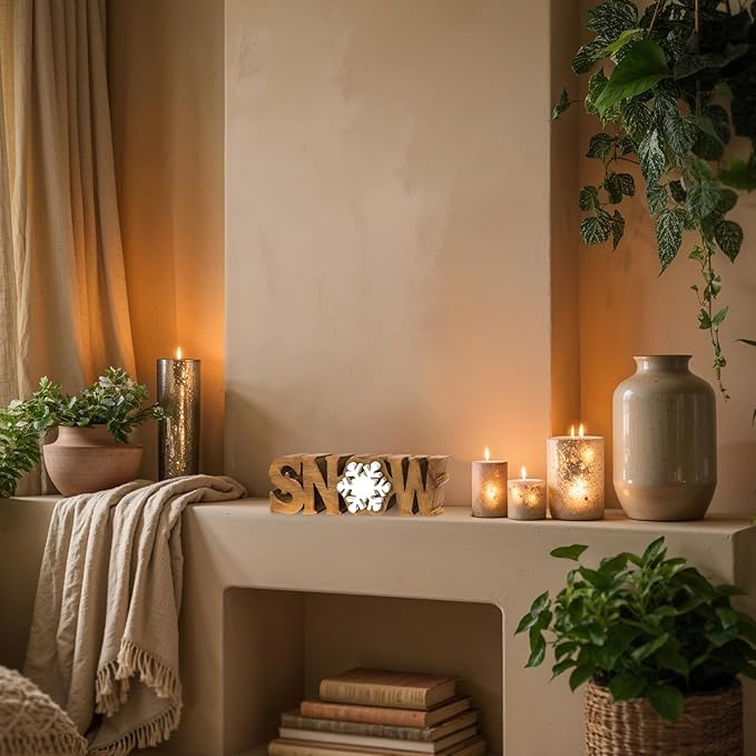 Decozen Living Room Decor: Handcrafted Snow Sign Letters Centerpiece - Bedroom, Indoor Coffee Table, House, Dining Room, Farmhouse & Kitchen Decor, Housewarming Gifts and Accessories - Solid Wood