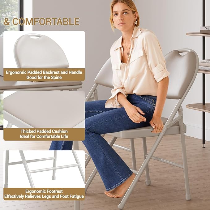 IDEALHOUSE 4 Pack Folding Chairs with PU Leather Padded Cushion, 350lbs Capacity, Lightweight Ergonomic Design, Metal Frame, Indoor Outdoor Portable Stackable Seats for Home Office Party Events，Beige