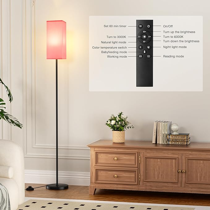Ambimall Remote Control Floor Lamp, Stepless Dimmable, 64 Inches Tall, Include 9W Bulb, Standing Lamp for Living Room Bedroom Office (Pink & Black)