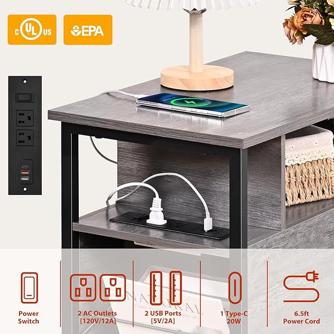Livofloral Side Table, Gray End Tables with Charging Station, Narrow End Table with Wooden Drawers, USB Ports and Power Outlets, Nightstand and Bedside Table, Side Table Living Room, Bedroom