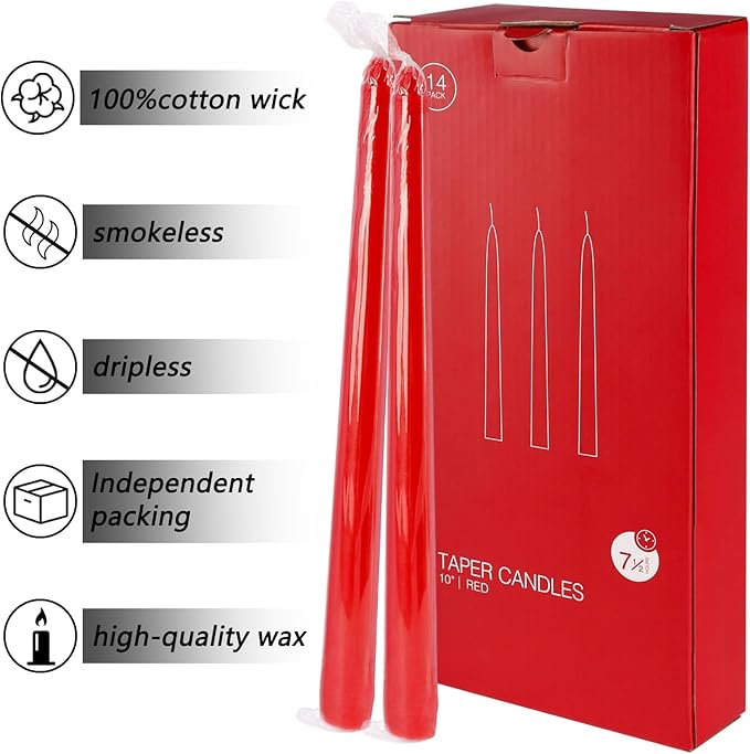 14 Pack Glowing Red Tapers Candles- 10-Inch unscented Candles for 8 Hours of Festive Magic, Perfect for Weddings,Christmas, New Year Celebrations…