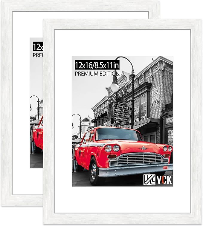 VCK 12x16 Picture Frame 2 Pack - White, High-End Wood Poster Frames with Tempered Glass, Display 8.5x11 Photo with Mat or 12x16 without Mat, Art Gallery-Quality, Wall Hanging, White