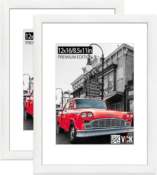 VCK 12x16 Picture Frame 2 Pack - White, High-End Wood Poster Frames with Tempered Glass, Display 8.5x11 Photo with Mat or 12x16 without Mat, Art Gallery-Quality, Wall Hanging, White