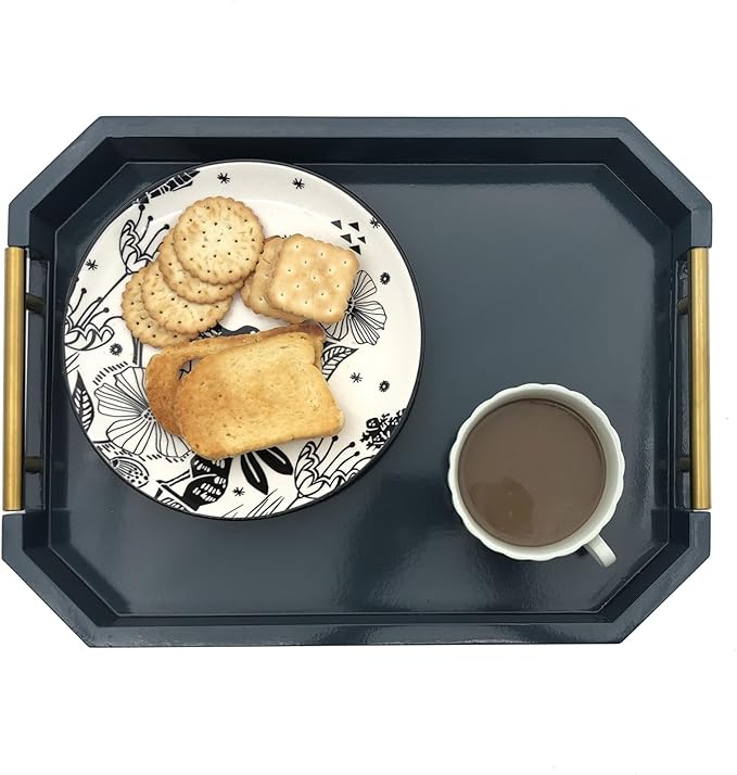 Serving Tray with Polished Metal Handles, Hexagon Coffee Table Tray, Modern Rectangle Decorative Tray, Large Ottoman Tray, Perfect for Storage and Display (Blue Rectangle)