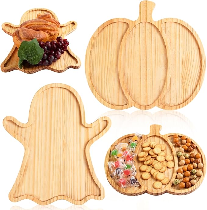 FOBSME 2 Pcs Halloween Wooden Charcuterie Boards Pumpkin and Ghost Shape Serving Platters Fall Wood Serving Trays Decorative Wooden Snack Dish Plates for Halloween Autumn Holiday Housewarming Presents