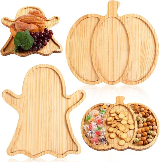 FOBSME 2 Pcs Halloween Wooden Charcuterie Boards Pumpkin and Ghost Shape Serving Platters Fall Wood Serving Trays Decorative Wooden Snack Dish Plates for Halloween Autumn Holiday Housewarming Presents