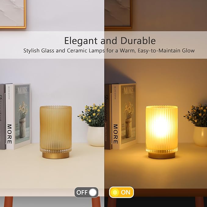 Battery Operated Lamp, Cordless Table Lamp with Timer, Desk Bedside Lamps with LED Warm Light, Glass Small Table Lamp for Bedroom, Bathroom, Living Room, Home Decor - Matte Amber