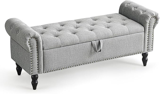Furniliving 51” Bedroom Bench, End of Bed Bench with Button-Tufted Large Upholstered Storage Bench Ottoman Linen Window Benches with Storage Shoe Cabinet, for Bedroom, Entryway, Closet, Grey