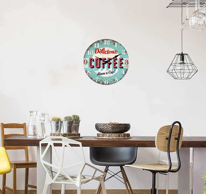 XFM Coffee Bar Wall Clock 24 Inch Blue Wooden Wall Clocks Battery Operated Silent Non-Ticking Retro Round Clocks for Kitchen Cafes Farmhouse