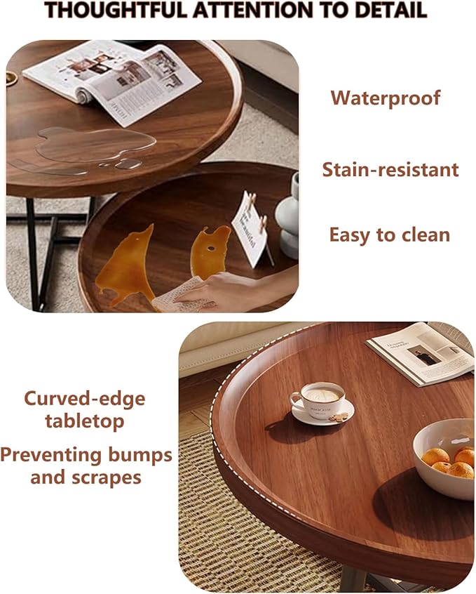 20 inches Round Coffee Table, Wooden Surface Top & Sturdy Metal Legs Coffee Table with Fluted, End Table for Living Room Bedroom Office Balcony Yard (Walnut, 20 inches)