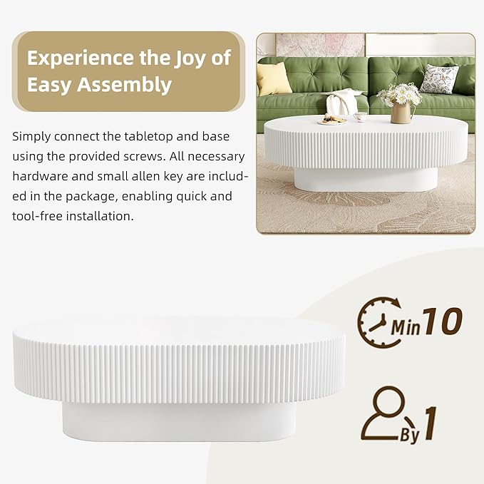 43.3" Oval Wood Coffee Table Modern White Fluted Coffee Tables for Living Room Drum Coffee Table with Sturdy Pedesta Circular Center Table for Apartment Living Room,Easy Assembly, White