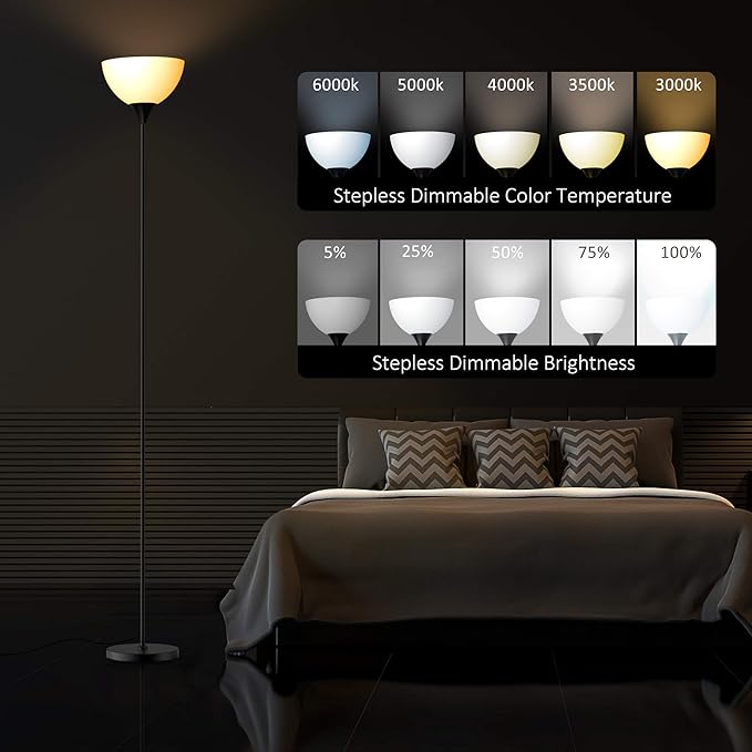 PESRAE Floor Lamp, Remote Control with Stpeless Color Temperatures and Brightness, Torchiere lamp for Bedroom, Living Room, Bulb Included (Matte Black)