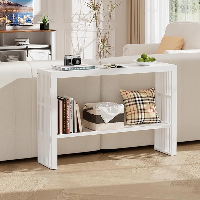 Bamboo 47.2" Narrow Console Table, 2-Tier Farmhouse Side Table, Rectangular Entryway Table, Modern Sofa Table Behind Couch with Storage Shelves for Entrance, Living Room, Hallway, Foyer (White)