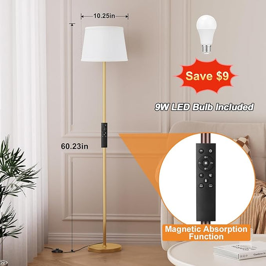 Floor Lamps for Living Room - Modern Gold Floor Lamp with Remote Control, Dimmable Colors Temperature Standing Lamp with LED Bulbs, Tall Lamp for Bedroom Office Kid Room - Brass Gold