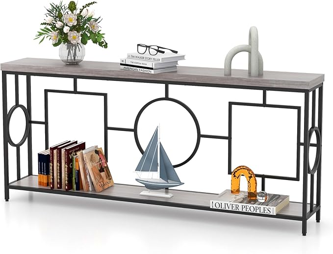 Giantex 71" Console Table, 2-Tier Extra-Long Entryway Table w/Storage Shelf, Faux Wood Top, Narrow Sofa Table with Geometric Frame, Behind Couch Entry Table for Living Room, Hallway, Foyer