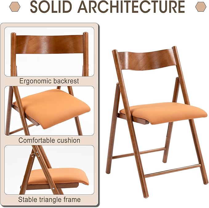 Folding Chairs Set of 4, Wooden Foldable Dining Chairs with Faux Leather Cushion 4-Pack Portable and Stackable Chairs for Dining Kitchen Office Wedding Picnic(Orange,4Pack)