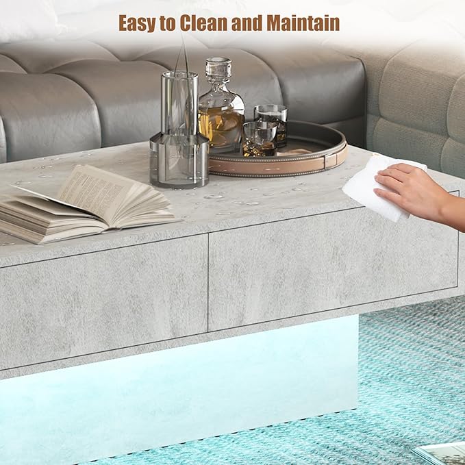 Grey Coffee Table with Storage, Rectangular Center Table for Living Room, Modern High Glossy Farmhouse Grey Coffee Table with 16 Colors LED Lights, Wooden Living Room Table, Pullout Storage