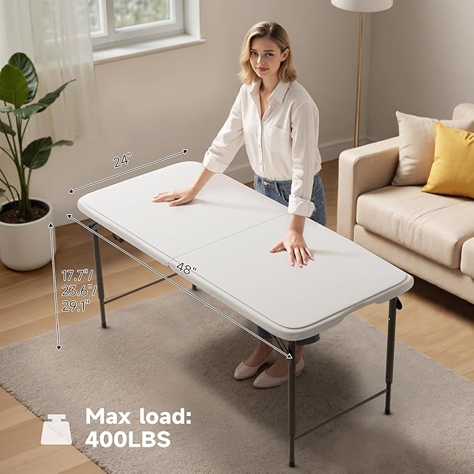 Folding Table 4 Foot - 3-Position Adjustable Height, Heavy Duty 400 lbs Capacity - Portable Tables Folding for Camping, Party, Indoor & Outdoor Use, 10 Pack