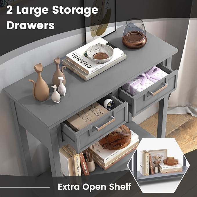 GOFLAME Small Console Table with 2 Drawers, 31” Entry Table with Storage Shelf, Modern, Narrow Sofa Table for Living Room, Hallway, Entrance (Gray)