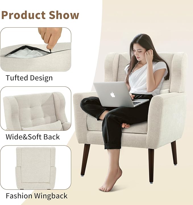 Modern Accent Chair, Upholstered Arm Chair with Waist Pillow, Single Sofa Chair for Living Room Bedroom Small Spaces (Beige)