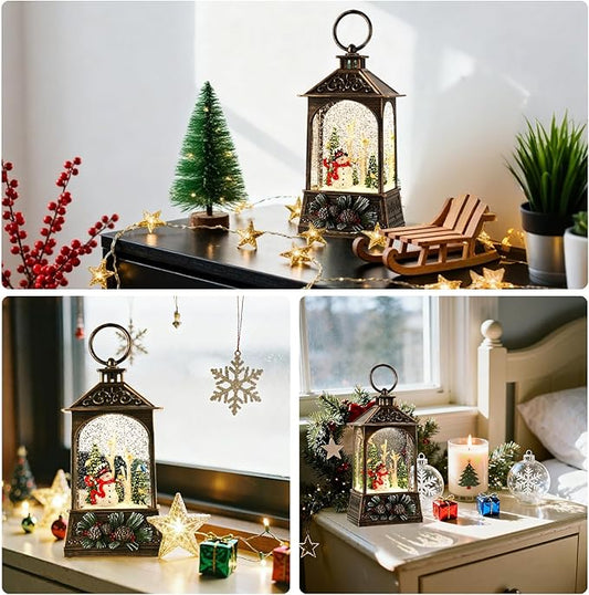 Christmas Lantern,Christmass Snow Globe Lantern Lights with 8 Christmas Songs,Battery & USB Powered,Christmass Snow Swirling Glitter Water Globe Lanterns for Xmas Home Decoration Holiday Party Gifts.