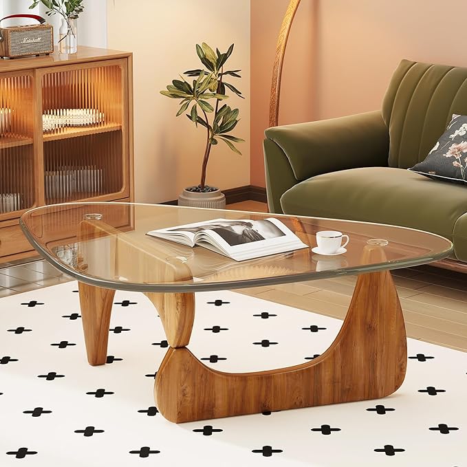Coffee Table for Living Room Mid Century Modern Center Table with Glass Top and Wood, Transparent/Walnut