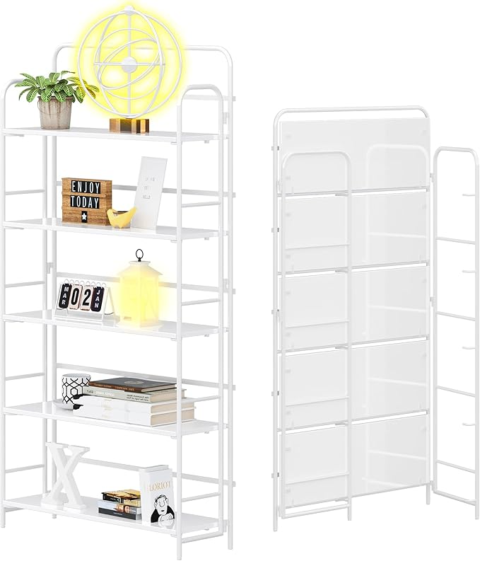 4NM No Assembly Folding Bookshelf, 5 Tiers Collapsible Book Shelves Open Industrial Foldable Storage Bookcase Shelf for Bedroom, Living Room, Home Office - All White