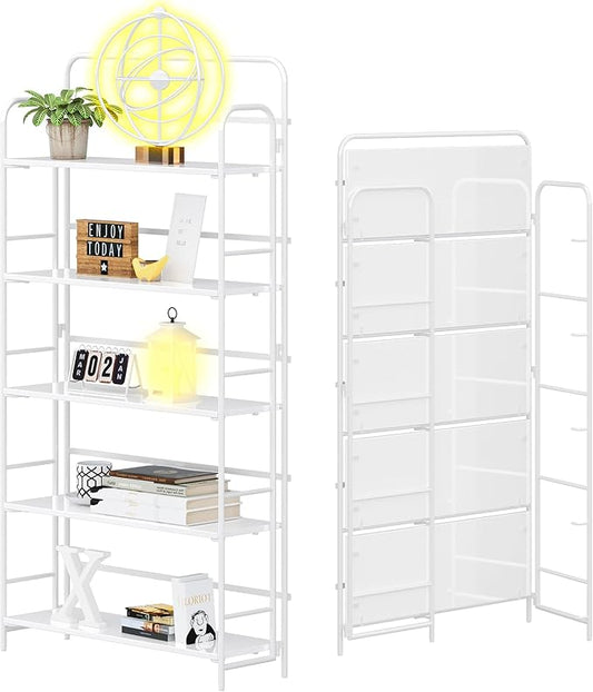 4NM No Assembly Folding Bookshelf, 5 Tiers Collapsible Book Shelves Open Industrial Foldable Storage Bookcase Shelf for Bedroom, Living Room, Home Office - All White
